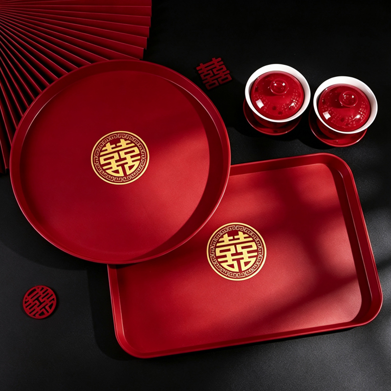 Wedding Tray, Red Festive Fruit Plate for Weddings, Round Tea Tray with Happy Words for Wedding Banquets, Wedding Supplies, Square Candy Tray Wedding Tray, Red Festive Fruit Plate for Weddings, Round Tea Tray with Happy Words for Wedding Banquets, Wedding Supplies, Square Candy Tray