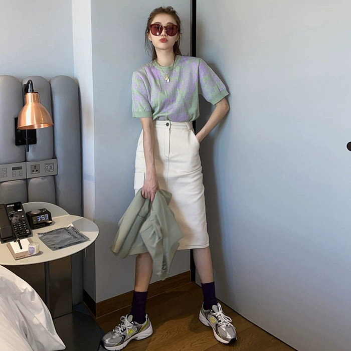 Hàn Quốc Dongdaemun stylenanda mùa xuân mới màu rắn cạp cao xẻ hông váy nữ váy giữa - Váy
