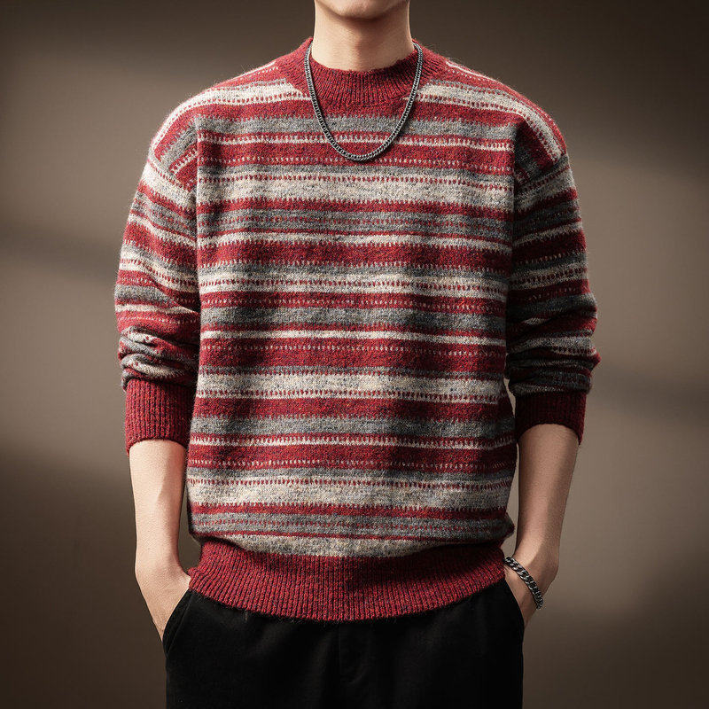 High-End American Retro Fair Isle Ethnic Style Men's Sweater, New Autumn and Winter Round-Neck Lazy Style Loose Knitwear