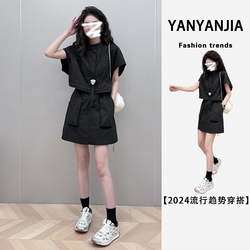 Fake Two-Piece Workwear Short-Sleeved Dress for Women in Summer, Loose and Casual, Drawstring Waist, Slimming, High-Waisted Short Skirt for Petite Figures
