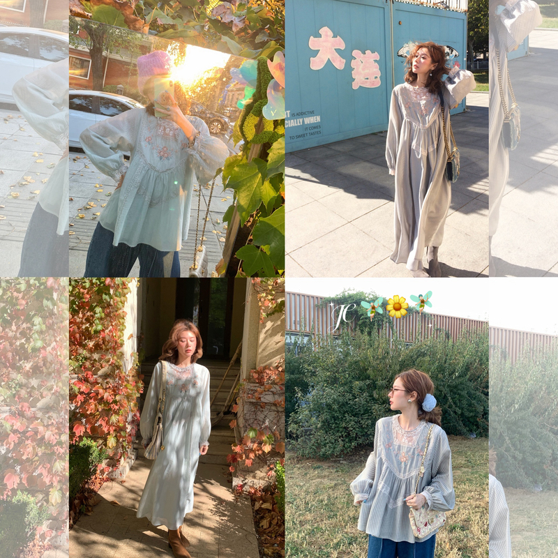 Jc Vintage Store "Light Flower Rain" Forest-Style Heavy Lace Floral Embroidery Doll Shirt Dress in Two Colors