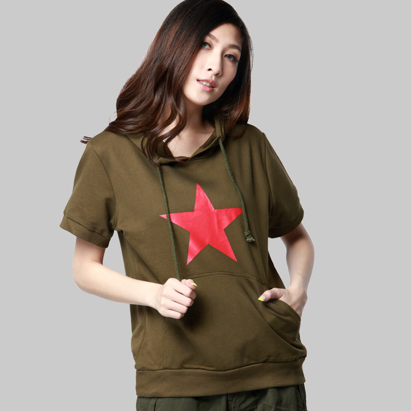 Co-Allied Outdoor Army Meme Lady Red Five Star Hoodie Short Sleeve T-shirt Woman Outdoor Fashion Pure Cotton Printed Thick Cotton T Tide