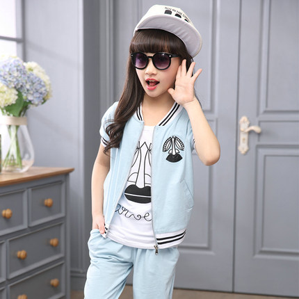 女童夏装2017新款套装吊带短裤外套童装中大童儿童三件套韩版潮衣