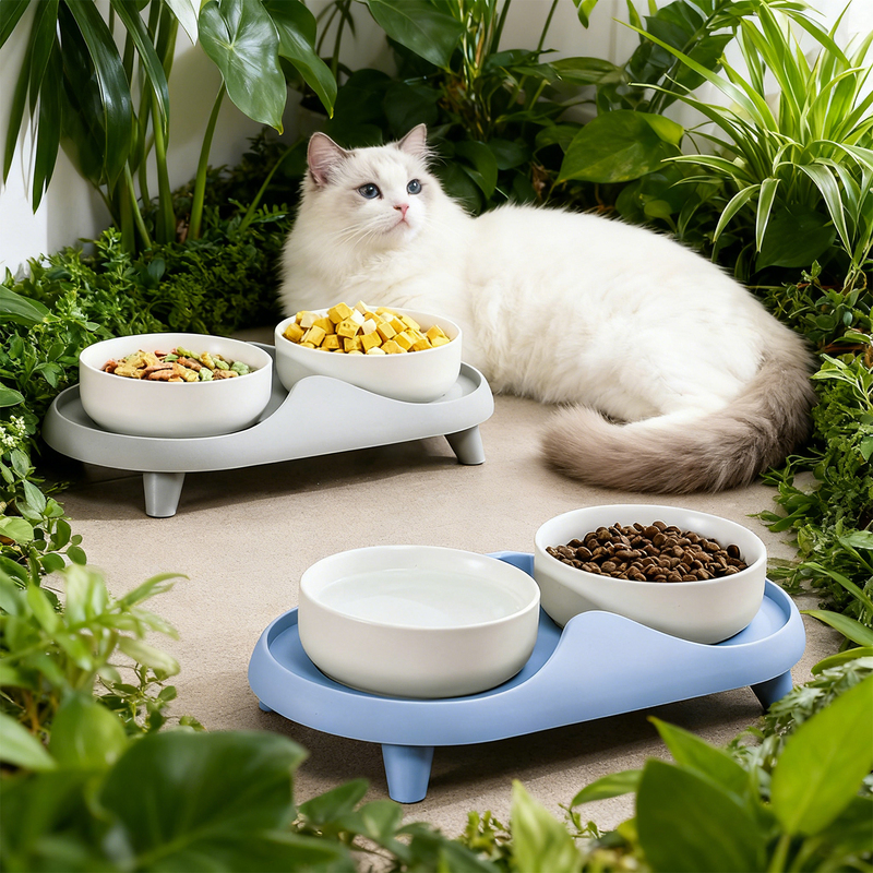 Cat and Dog Double Bowl Ceramic Slow Feeder Pet Integrated Water Dispenser Cat Feeding Bowl Prevents Black Chin Easy to Clean