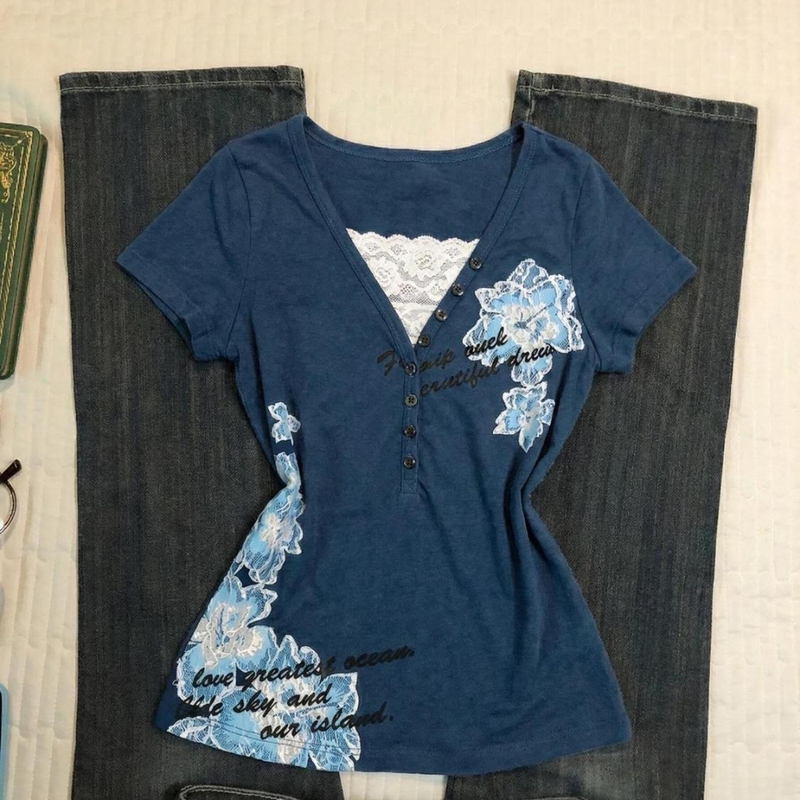 American Retro Blue Floral Print Short-Sleeved T-Shirt Vintage Lace Splicing V-Neck Slim Fit Top Summer
