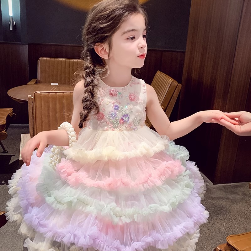 女の子のキャミソールドレス 夏 2025 新グラデーションカラー 女の子 メッシュ ふわふわ プリンセス ケーキ スカート