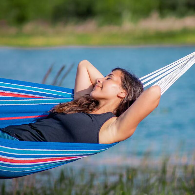 Exported to the United States Bliss Original Cotton and Linen Blue and White Striped Outdoor Hammock, Load Capacity 90kg, Comes with a Storage Bag