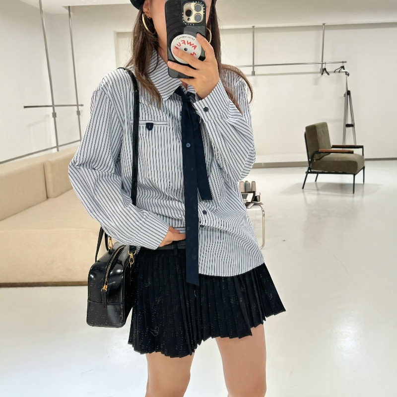 [in Stock] Striped Lyrical Shirt ~ Wrinkle-Resistant Long-Staple Cotton Detachable Tie Blue Striped Contrast Shirt