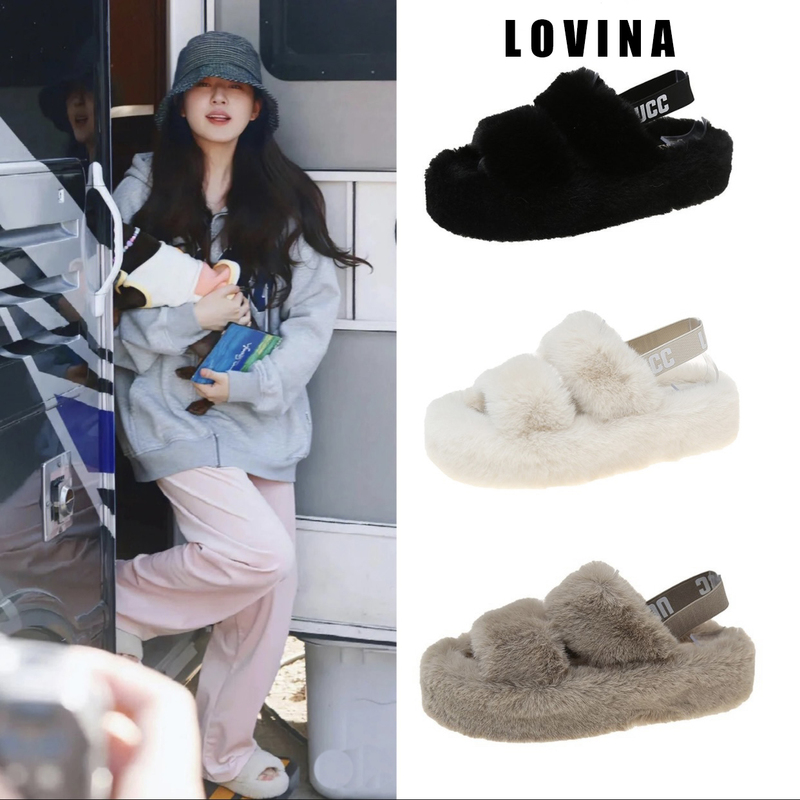Japanese Gp Zhao Lusi Style Furry Shoes, New Thick-Soled Outdoor Warm Slippers with a Single Strap, Gentle Cotton Slippers for Women