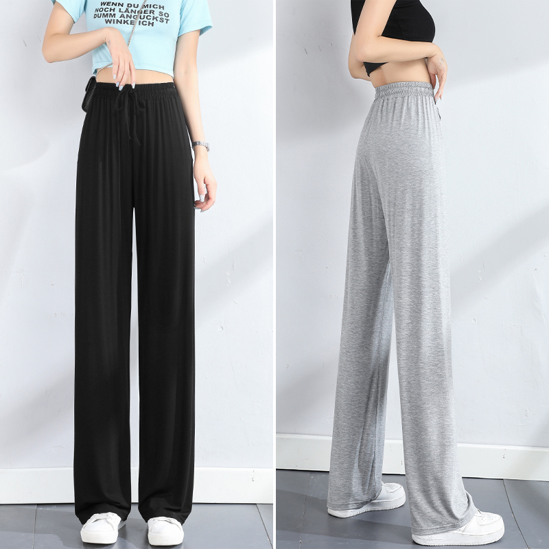 Modal Wide-Leg Pants for Women, Summer Thin High-Waisted Drapey Home Casual Straight Black Dance Practice Pants