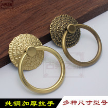 Pure copper thickened door pull ring pair of open door copper ring casting flower cushion retro bronze sculpted window sash door pair with handle