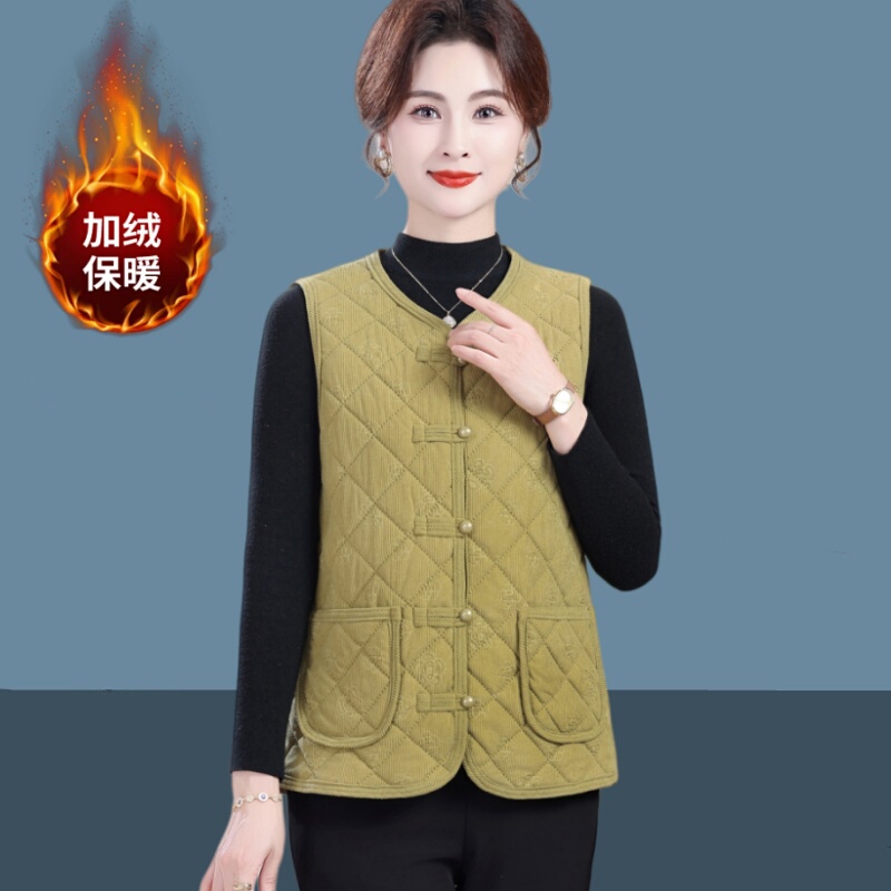 Plus-Size Mom Fashion Autumn and Winter Corduroy Vest for Women, Short Style with Fleece Lining, Warm and Stylish Slim-Fit Vest