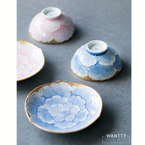 Spot Japanese-made Arita ware Wenshan Kiln Gold and silver glaze peony bowl Tea bowl Rice bowl Couple bowl plate gift box