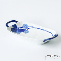 Spot Japanese-made Arita-yaki blue blue and white three-leaf vegetables binaural long bowl with bracelet fish plate Japanese tableware large plate