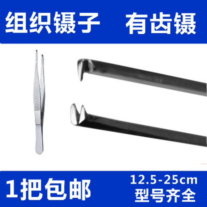 不锈钢镊子加厚加硬手术带钩组织镊子敷料镊 有齿12.5-25cm包邮
