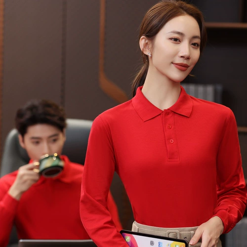 纯色商务t恤长袖粉色Polo衫男女超市母婴店营业员春秋装定制印字