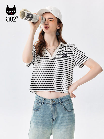 a02通勤短款polo衫2025夏季新品条纹百搭显瘦短袖上衣女