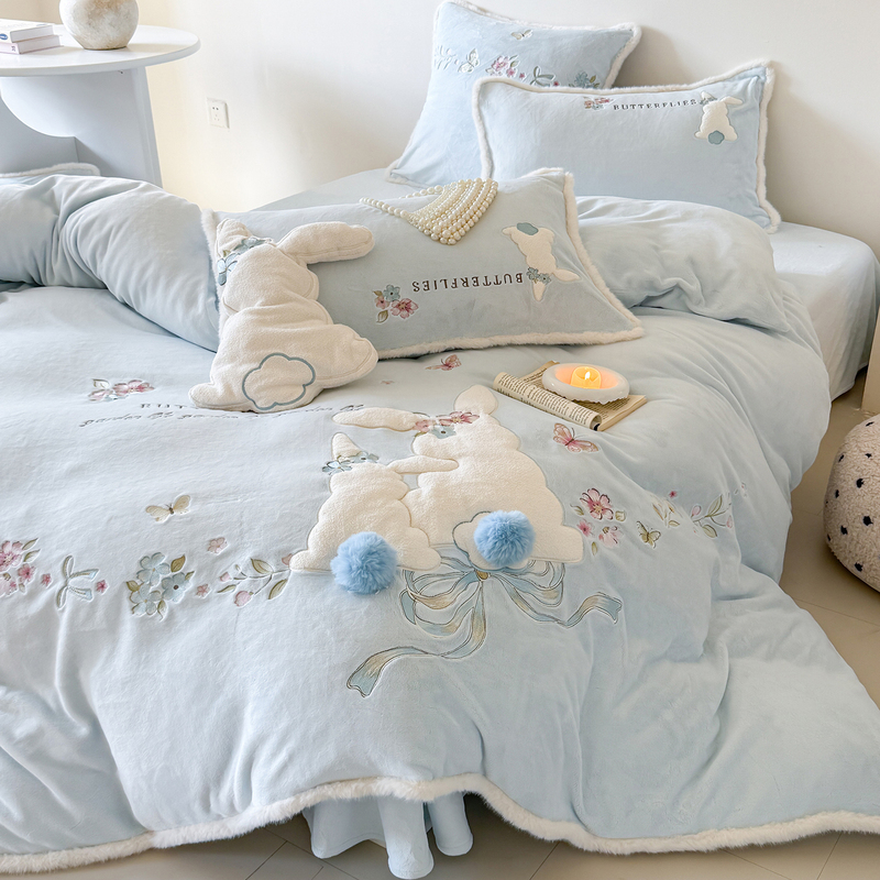 Cute Rabbit Winter Thickened Milk Velvet Four-Piece Set Coral Fleece Girl Duvet Cover Princess Style Children's Bed Sheet Bedding