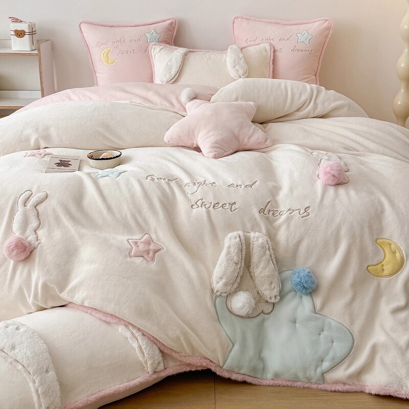 Girly Rabbit Winter Thickened Milk Velvet Four-Piece Set Children's Princess Style Coral Fleece Duvet Cover Bed Sheet Bedding