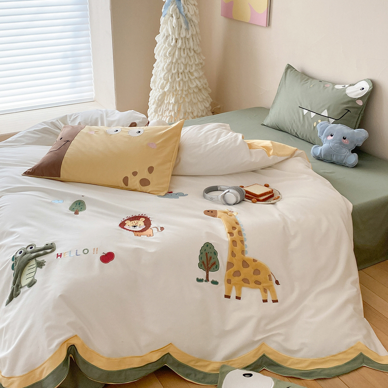 Giraffe Cartoon Cute 100S Pure Cotton Long-Staple Cotton Four-Piece Set Children's All-Cotton Duvet Cover Boys and Girls Bed Sheet Bedding