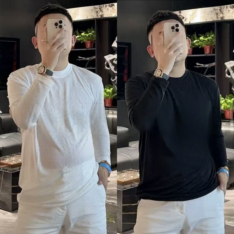 8088 Summer Men's Loose Ice-Silk Tencel Drawstring Lazy Sun-Protective Long-Sleeve T-Shirt Simple Solid Color Cool Top