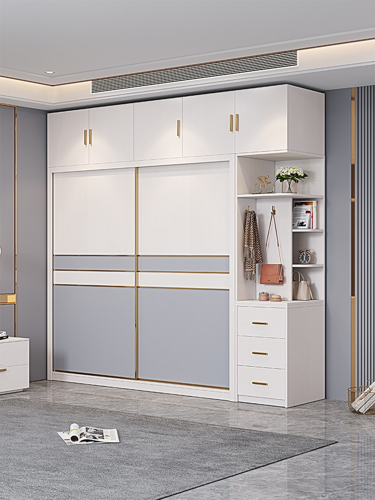 Solid wood multi-layer board sliding door wardrobe home bedroom light luxury modern minimalist storage cabinet ecological board large wardrobe
