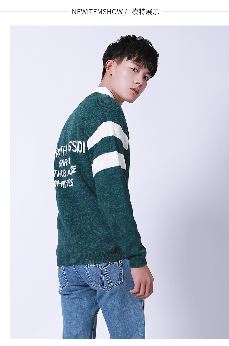 Jasonwood mùa xuân và mùa thu của nam giới thời trang V-Cổ áo len xu hướng sọc sinh viên cardigan top trung tâm mua sắm với cùng một đoạn thoi trang nam