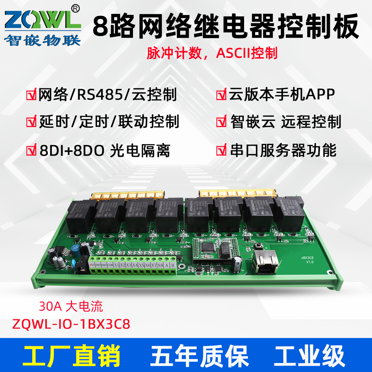 8 Road Network 30A Control Panel RS485 Modbus TCP RTU isolated industrial grade