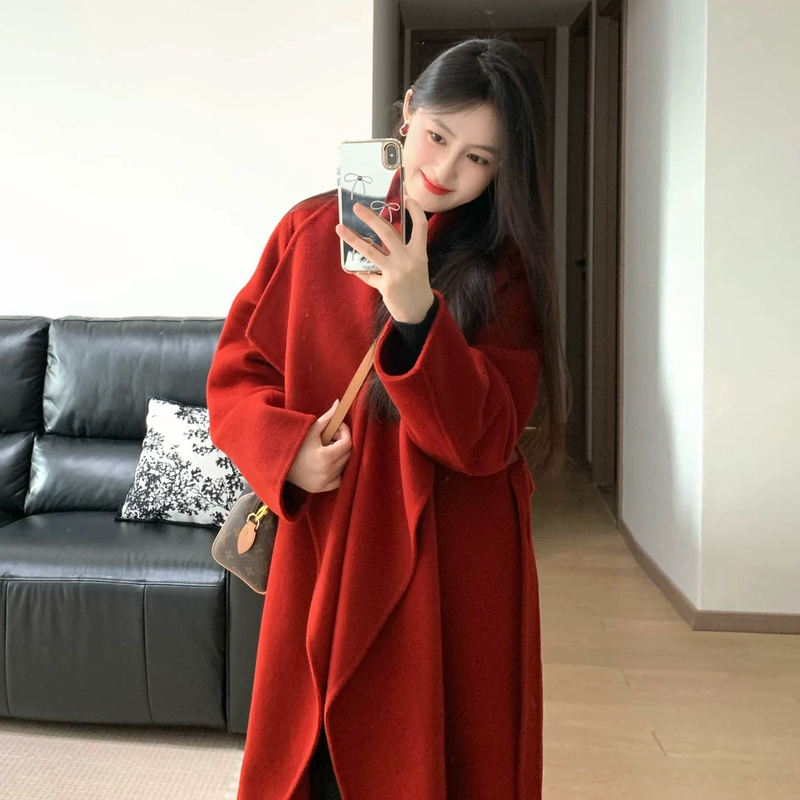2026 Autumn/Winter Red Double-Sided Wool Coat Mid-Length Women's Wedding Bridal Lazy Style Belted Woolen Overcoat