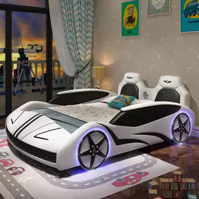 Children's bed Solid wood racing leather bed Boys and girls with guardrail single bed 1 5 meters multi-function cartoon car bed
