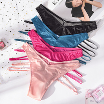 Sexy thong ice mesh seduction seamless T pants womens low waist hollow hollow transparent lace thin belt girl life