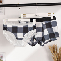 Couple underwear couple pure cotton men and women double set Plaid lace edge mesh gauze sexy antibacterial breathable