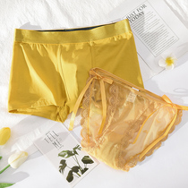 Sexy Couple Pants Suit Pair Less Lady Lace Transparent Temptation Low Waist Day Ensemble Pure Cotton Men Flat Corner Pants