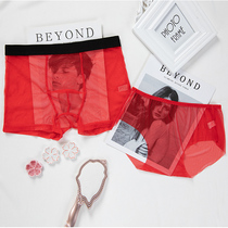 Big Red couple underwear sexy suit full transparent mesh seduction underwear women breifs mens flat angle marriage