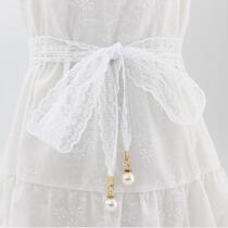 Belt skirt female fine ladies with white decoration simple chiffon lace all-match dress lace-up fabric elegant