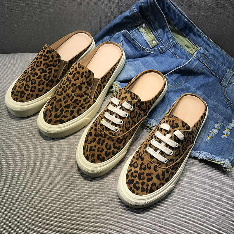 Leopard Print Half-Slippers for Women, Genuine Leather, Closed-Toe, European Style, 2026 New Model, Lace-Up, Casual, Thick-Soled, Slip-On Loafers
