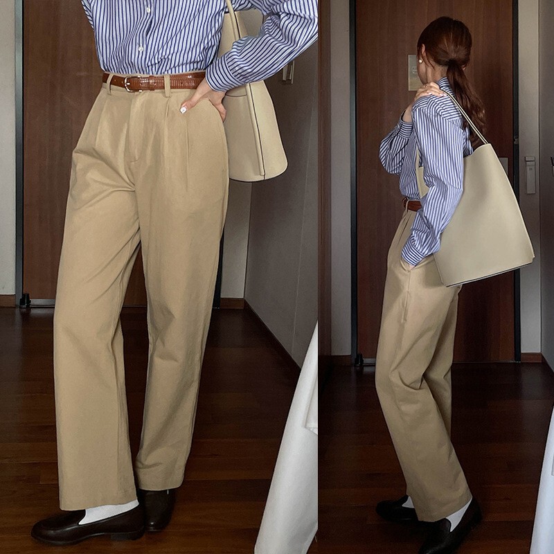Petite Pants 150 Khaki Color Cropped Cargo Wide-Leg Pants for Women Versatile Height-Enhancing 145 Casual Straight-Leg Long Pants Trendy