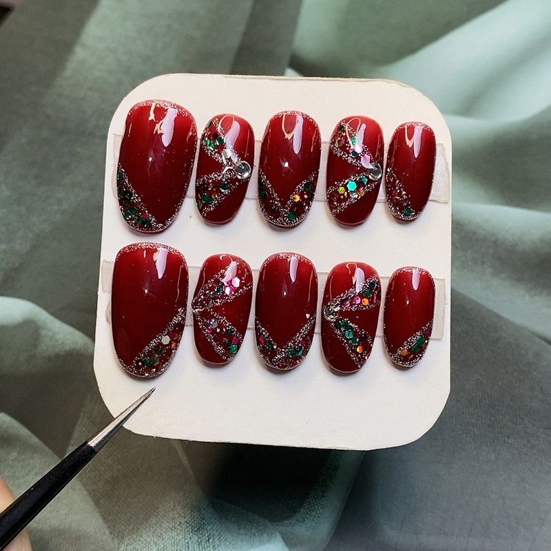 Red Ribbon Sequin Handmade Wearable Nail Art Finished Product, Bridal Wedding Detachable Nail Art, Reusable Nail Stickers Red Ribbon Sequin Handmade Wearable Nail Art Finished Product, Bridal Wedding Detachable Nail Art, Reusable Nail Stickers