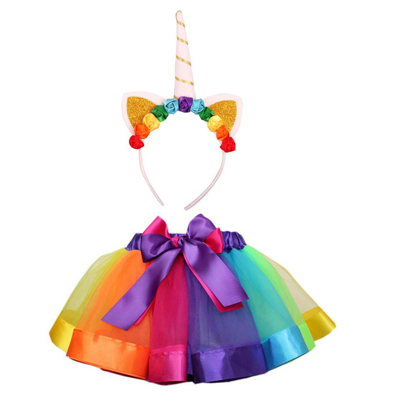 Children's cartoon pony play dress Colour Unicorn Cos unicorn hair hoop Rainbow Tutu fluffy dress