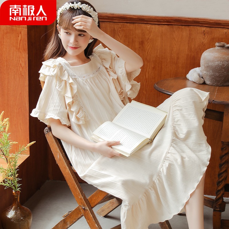 South Pole Sleeping Dress Woman Summer Pure Cotton Short Sleeve Full Cotton Girl 2022 New French Pregnant Woman Sleeping woman Summer