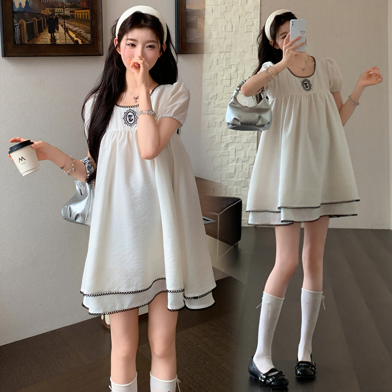 Summer Black Rose Embroidered Lace Dress Maternity Wear Korean Style Double-Layer Tencel Fashionable and Elegant Loose Belly-Covering Dress