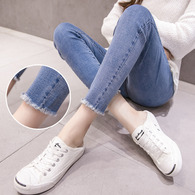 Maternity High-Stretch Denim Skinny Pants, Versatile for Spring and Autumn, Pregnancy Belly Support Pants, Slim Fit, Outerwear, 9-Point Denim Pants