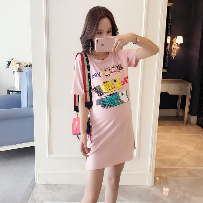 Summer pure cotton pregnant woman T-shirt loose casual cartoon print elastic display slim middle long short sleeve t-shirt bag hip skirt blouse