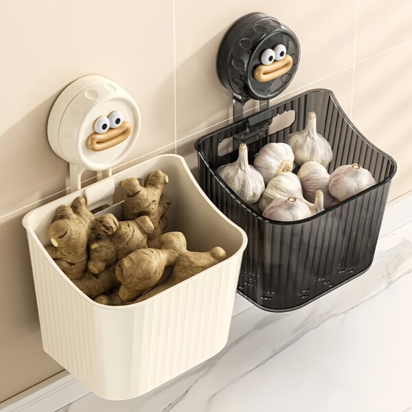 Suction Cup Storage Box for Onions, Ginger, and Garlic, Kitchen Storage Rack, Wall-Mounted Ginger and Garlic Storage Organizer, No-Drill Storage Hanging Basket