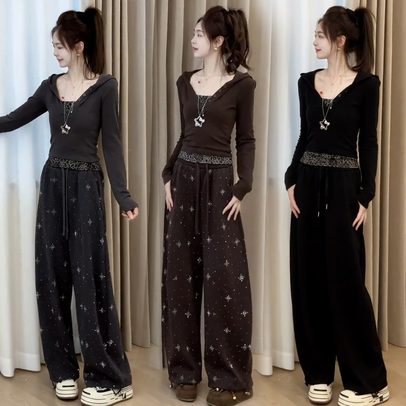 Fashionable Women's Suit 2026 Autumn New Style Slimming Fake Two-Piece Hooded Top with Rhinestones and Wide-Leg Pants Two-Piece Set Fashionable Women's Suit 2026 Autumn New Style Slimming Fake Two-Piece Hooded Top with Rhinestones and Wide-Leg Pants Two-Piece Set