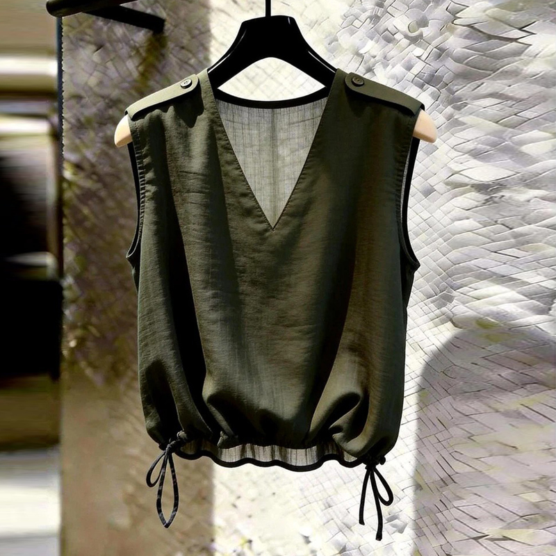 Fashionable V-Neck Sleeveless Shirt for Women, 2026 Summer New Style, Stylish Drawstring, Slimming, Age-Reducing, Versatile Top Fashionable V-Neck Sleeveless Shirt for Women, 2026 Summer New Style, Stylish Drawstring, Slimming, Age-Reducing, Versatile Top