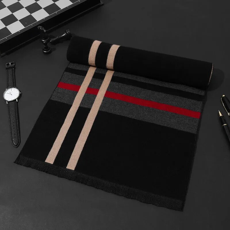High-end Men's Plaid Cashmere Scarf Winter New Warm Stripe Korean Knitted Business Neck Scarf Birthday Gift