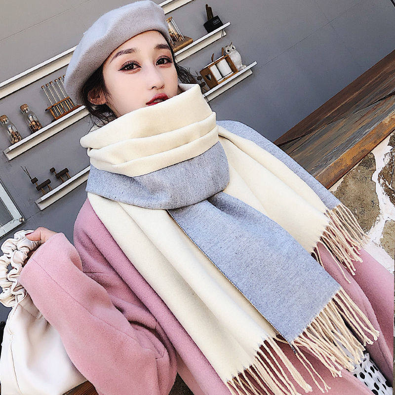 Net red star autumn and winter new Korean version all-match warm cashmere women's scarf double-sided two-color scarf wool shawl