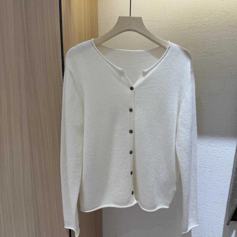 Ageless~ the Joy of Autumn Cardigans 100% Pure Cashmere Rolled-Edge Cardigan White Knitted Top Jacket for Women
