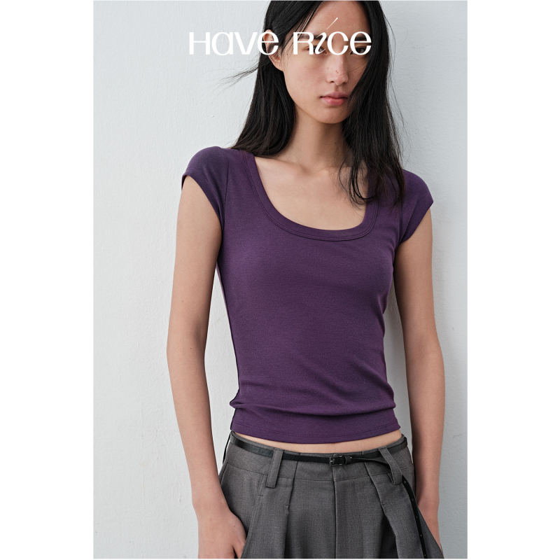 Haverice Restaurant Mousse Collar t Square Neck Vintage Slimming High Elastic Soft Base Fabric Short Sleeve Top